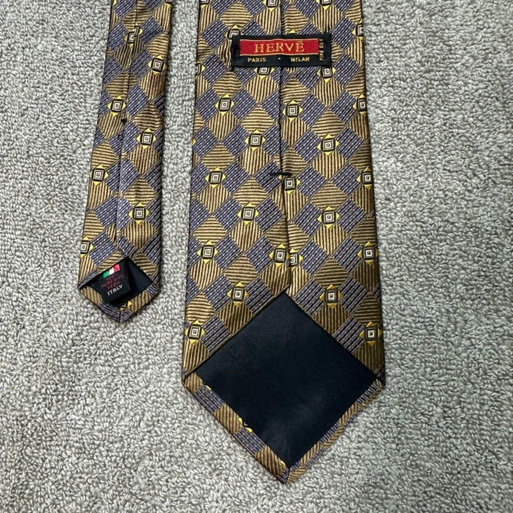 Herve Paris Milan Silk Tie Mens Gold Navy Blue Geometric Diamond Made in Italy